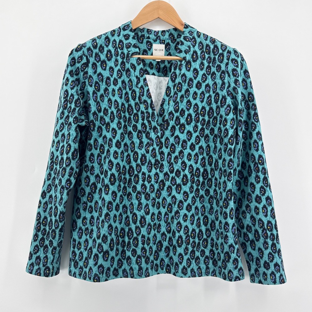 NIC+ZOE Teal Blue Ikat Leopard Print Split Neck Cotton Blend Knit Top Large